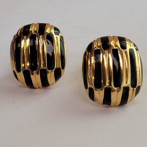 Signed Vintage Vendome Geometric Black Enamel and Gold tone Motif Clip-on Earrin